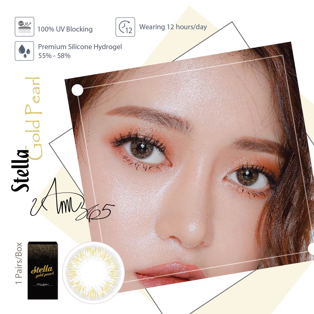 Lens Mắt Cận 1 Tháng Nhũ Vàng Stella Gold Pearl ANN365, Chống Tia UV Đeo 12h