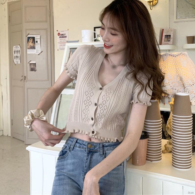 Áo Lửng Ngắn Tay Đính Nút Thời Trang Cho Nữ