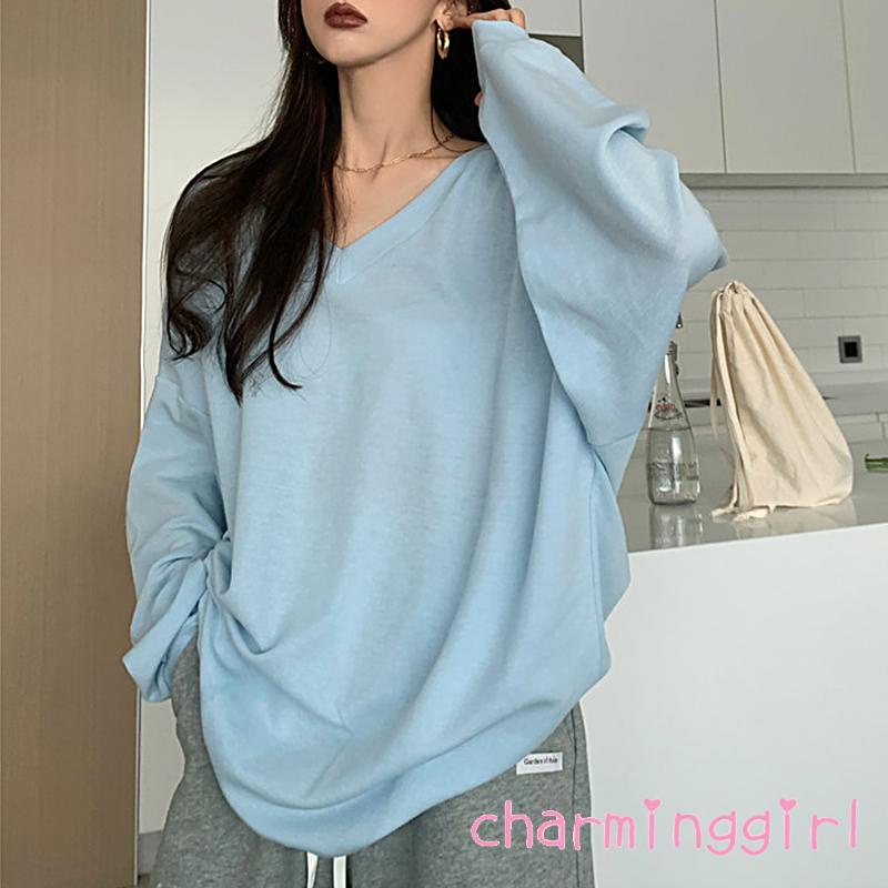 Áo Thun Tay Dài Cổ Tròn Dáng Rộng Màu Sắc Đơn Giản Cho Nữ