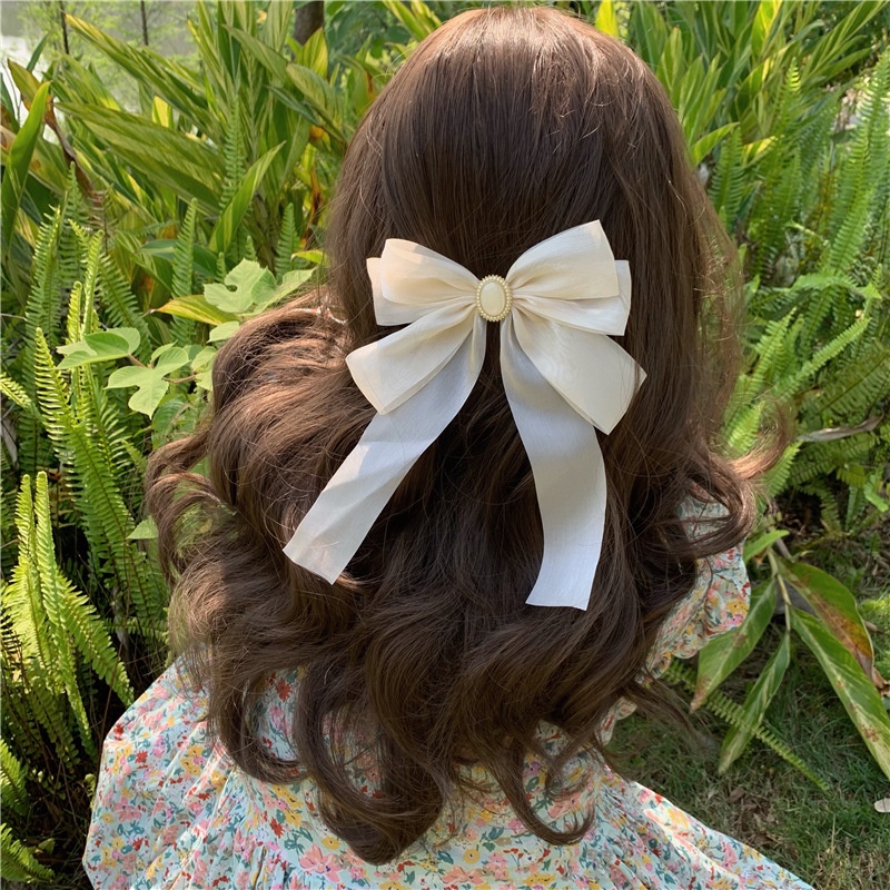Kẹp Tóc Hình Nơ Cỡ Lớn Đính Ngọc Trai Kiểu Pháp Dễ Thương