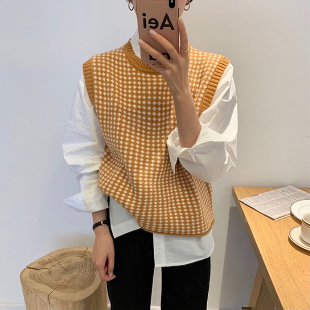 Áo Khoác Len Không Tay Cổ Tròn Dáng Rộng Màu Sắc Retro Hàn Quốc