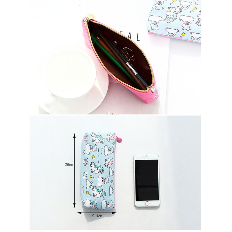 Túi đựng bút bằng vải canvas in hình kỳ lân xinh xắn dành cho nữ sinh