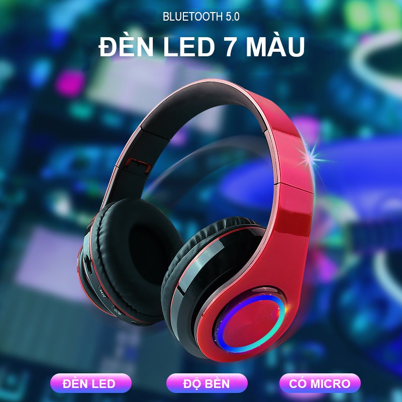 Tai nghe bluetooth không dây chụp tai B39 đèn LED 7 màu - Khe cắm thẻ nhớ - Jack cắm 3.5mm | BigBuy360 - bigbuy360.vn