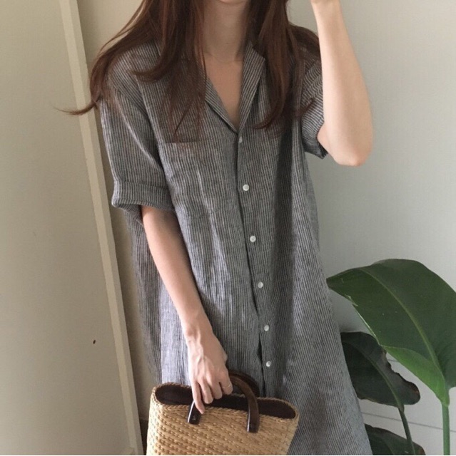 sẵn Đầm sơ mi kẻ sọc oversize - váy bigsize dáng suông dài | BigBuy360 - bigbuy360.vn