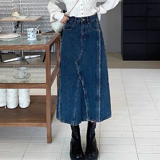 Chân váy jean kaki cạp cao dài qua gối, chân váy midi tua viền phong cách Ulzzang_a16