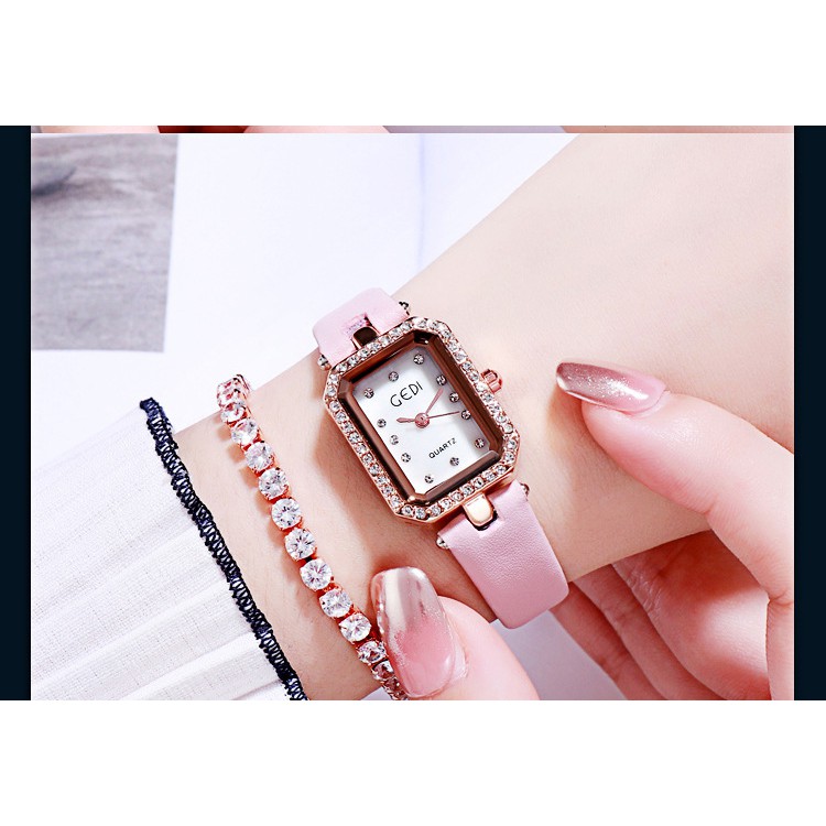 Đồng hồ nữ Gedi hàng chính hãng dây da mặt chữ nhật đính đá | BigBuy360 - bigbuy360.vn