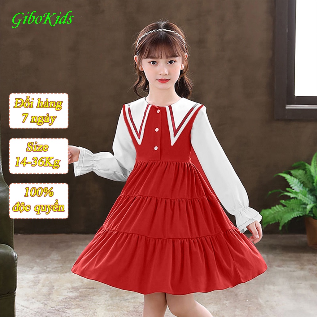 Váy bé gái, váy tiểu thư Gibo màu đỏ cho bé từ 2 - 10 tuổi [V1017]