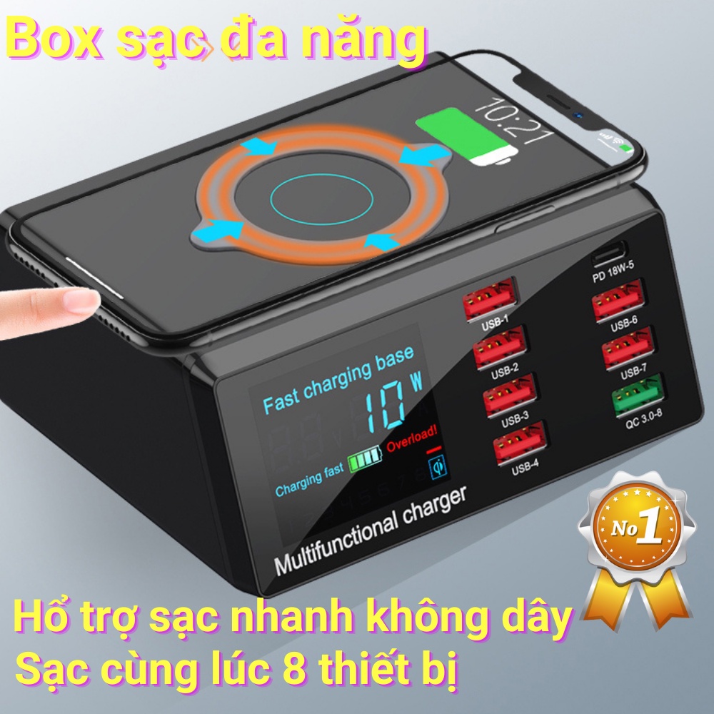 Box sạc cố định, box sạc nhanh QC 3.0 có chức năng sạc không dây 8 cổng kết nối
