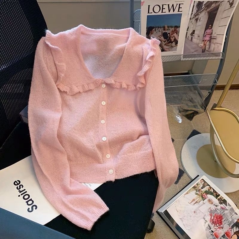 Áo Cardigan Dệt Kim Mỏng Tay Dài Cổ Búp Bê Màu Hồng Thời Trang Mùa Thu Cho Nữ
