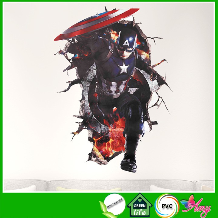 Decal 3D Tranh Captain American - Biệt đội siêu anh hùng Marvel - Đội trưởng Mỹ