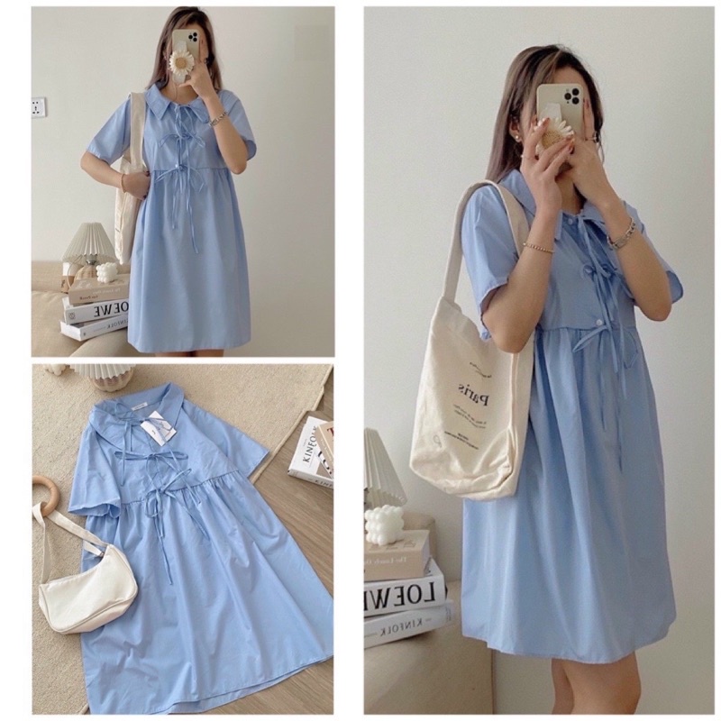 Váy Babydoll Xanh 3 Nơ Nữ - Đầm Trơn Cộc Tay Cổ Sơ Mi Thiết Kế Đơn Giản Cá Tính HOT TREND