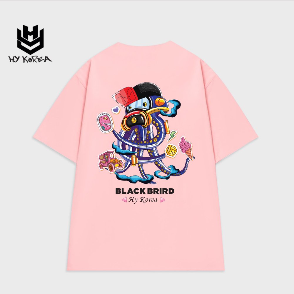 Áo thun unisex tay lỡ Mực Black Brird 744 HY KOREA nam nữ form rộng.