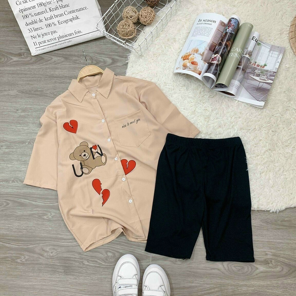 Set áo sơ mi from rộng in hình gấu phối quần legging,set bộ sơ mi tay lỡ thêu gấu tim quần thun ngố đi chơi mặc nhà cute