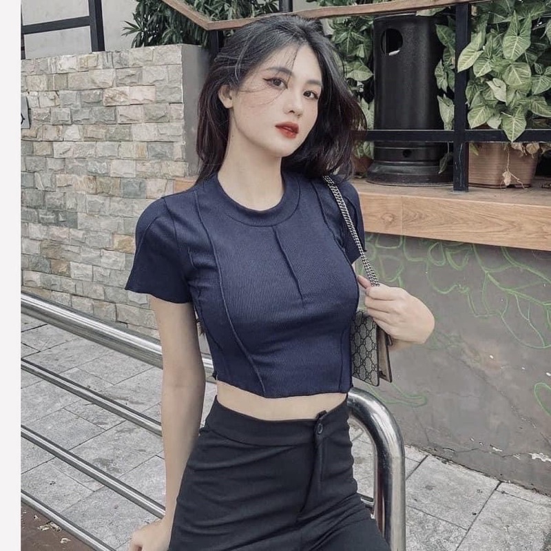 Áo Croptop Body Thun Gân Ngắn Tay Lệch Tà Viền Chỉ Nổi Cá Tính Năng Động Nổi Bật