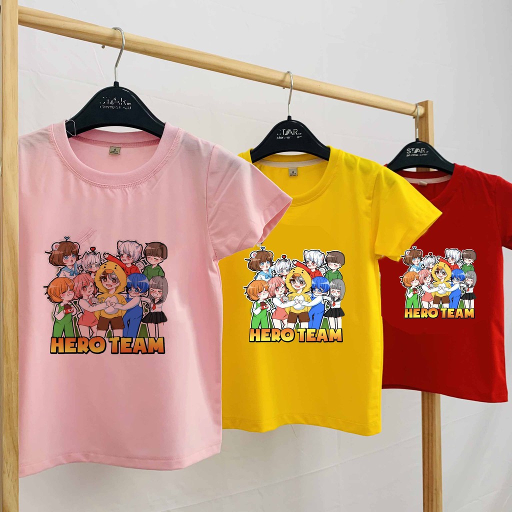 Áo thun màu bé trai và bé gái in hình Hero team, Áo thun mềm mịn, thấm hút mồ hôi cho bé từ 10 - 50kg
