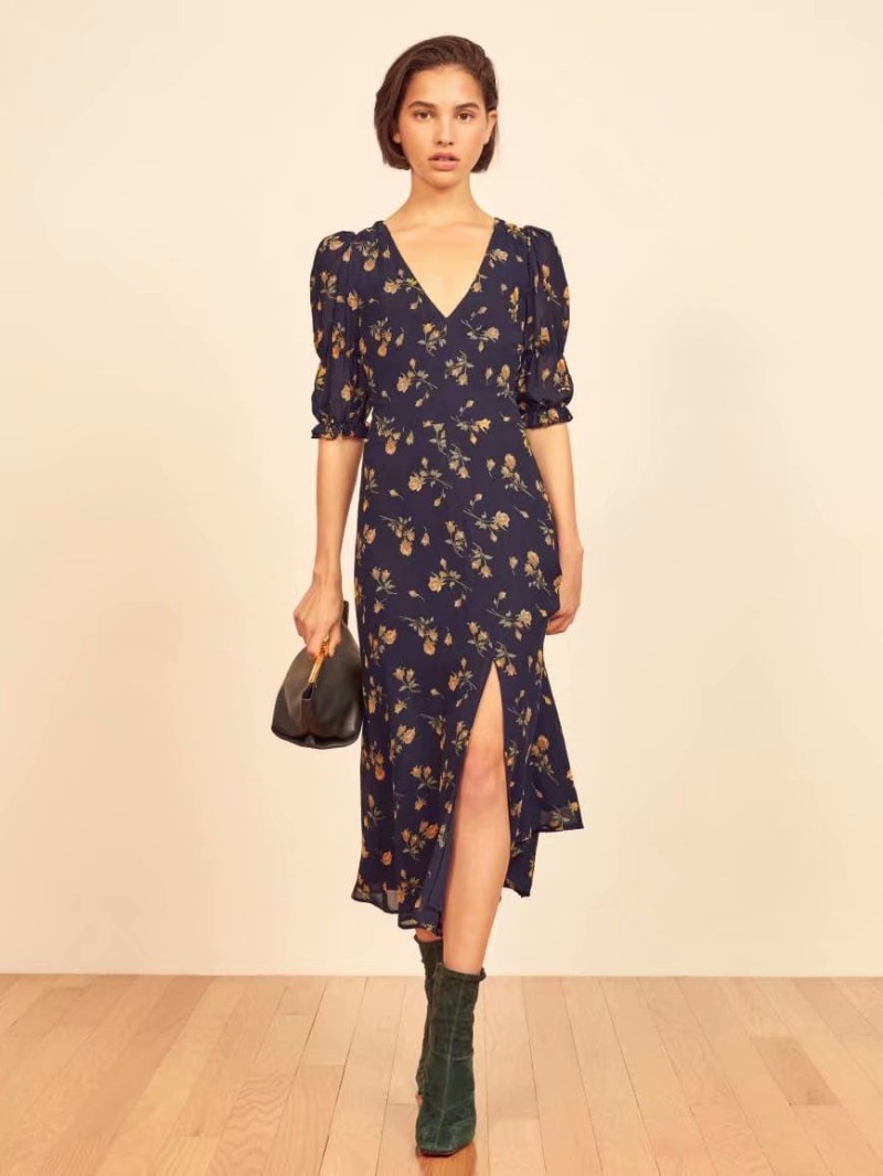 2020 autumn pullover v-neck short-sleeved flower print split dress women's clothing | BigBuy360 - bigbuy360.vn