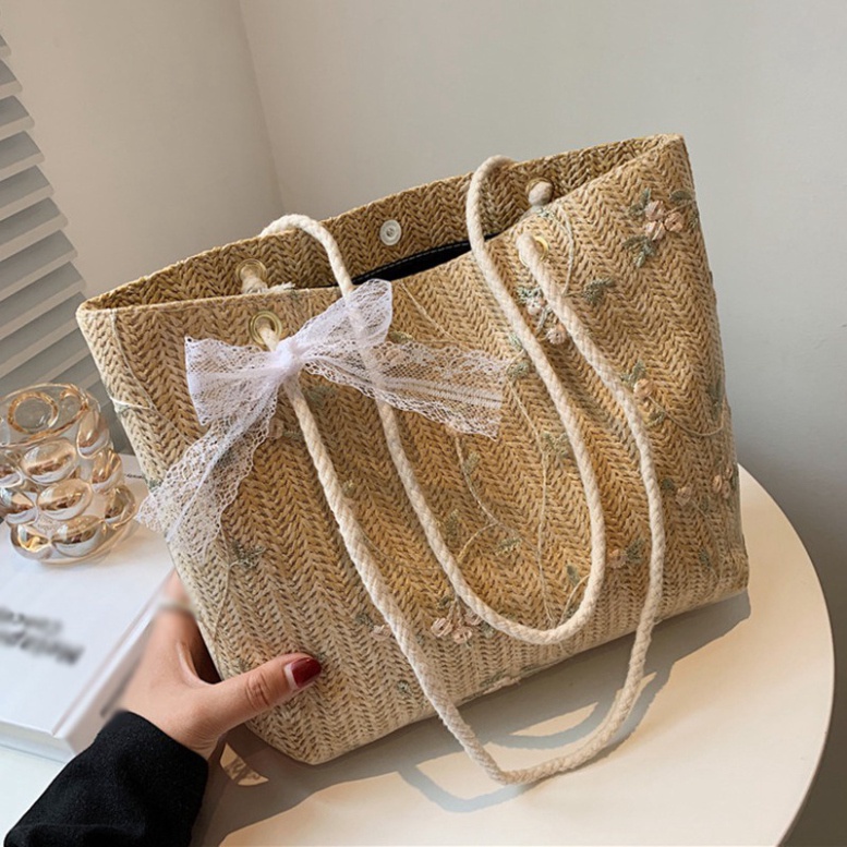 Túi cói đeo vai sức chứa lớn phối ren thêu hoa LUHAZO phong cách phương tây thời trang cho nữ K4T5-3