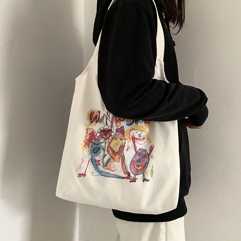 Hoạt Hình Túi Vải Canvas Đeo Vai In Họa Tiết Graffiti Phối Khóa Nam Châm Kiểu Nhật Bản Dễ Thương Cho Nữ