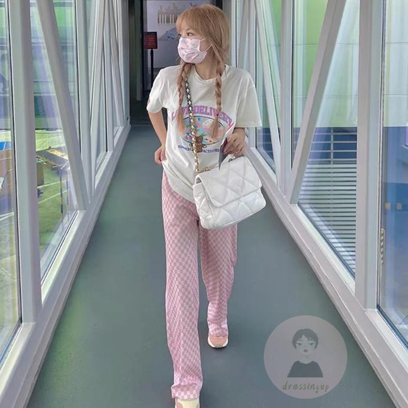 Quần Dài Ống Rộng Lưng Thun Dây Rút Họa Tiết Caro Thời Trang Cho Nữ