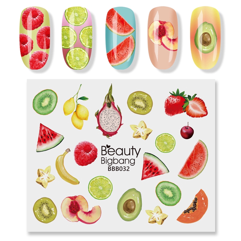 Tấm nhãn dán chuyển nước trang trí móng BeautyBigBang họa tiết trái cây/hoa/xương rồng/tiên cá