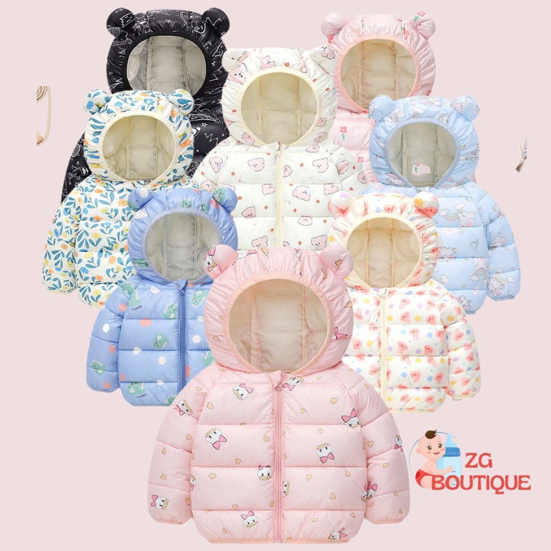 Áo khoác trẻ em, áo phao tai gấu họa tiết hoạt hình cho bé trai bé gái mặc đi học đi chơi ZG Boutique size 9-20kg