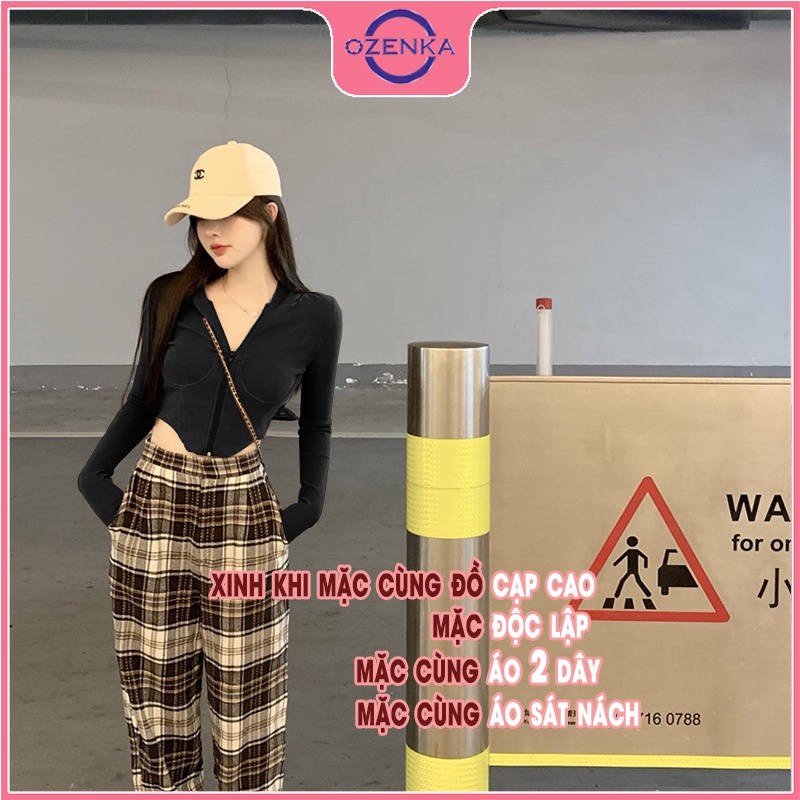Áo cardigan croptop tay dài có mũ ôm nữ OZENKA , áo khoác ngoài kéo khoá đen trắng thun gân cao cấp 100% cotton đẹp