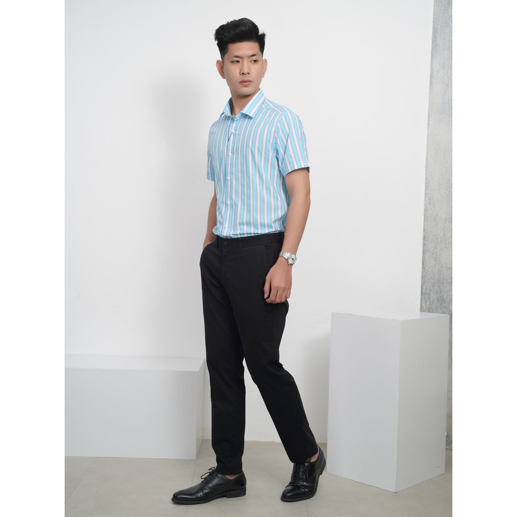 Áo sơ mi aristino ngắn tay màu xanh trắng kẻ sọc slim fit sợi tre ASS067S8