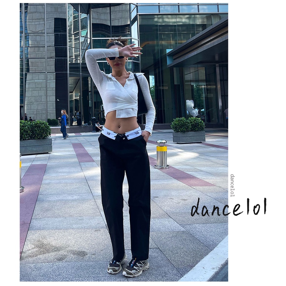 Quần dài lưng thấp in số và chữ phối màu phong cách cá tính thời trang cho nữ