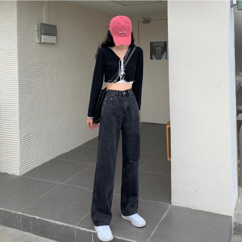 Xiaozhainv Quần Denim Nữ Lưng Cao Rách Gối Cá Tính Phong Cách Hàn Quốc
