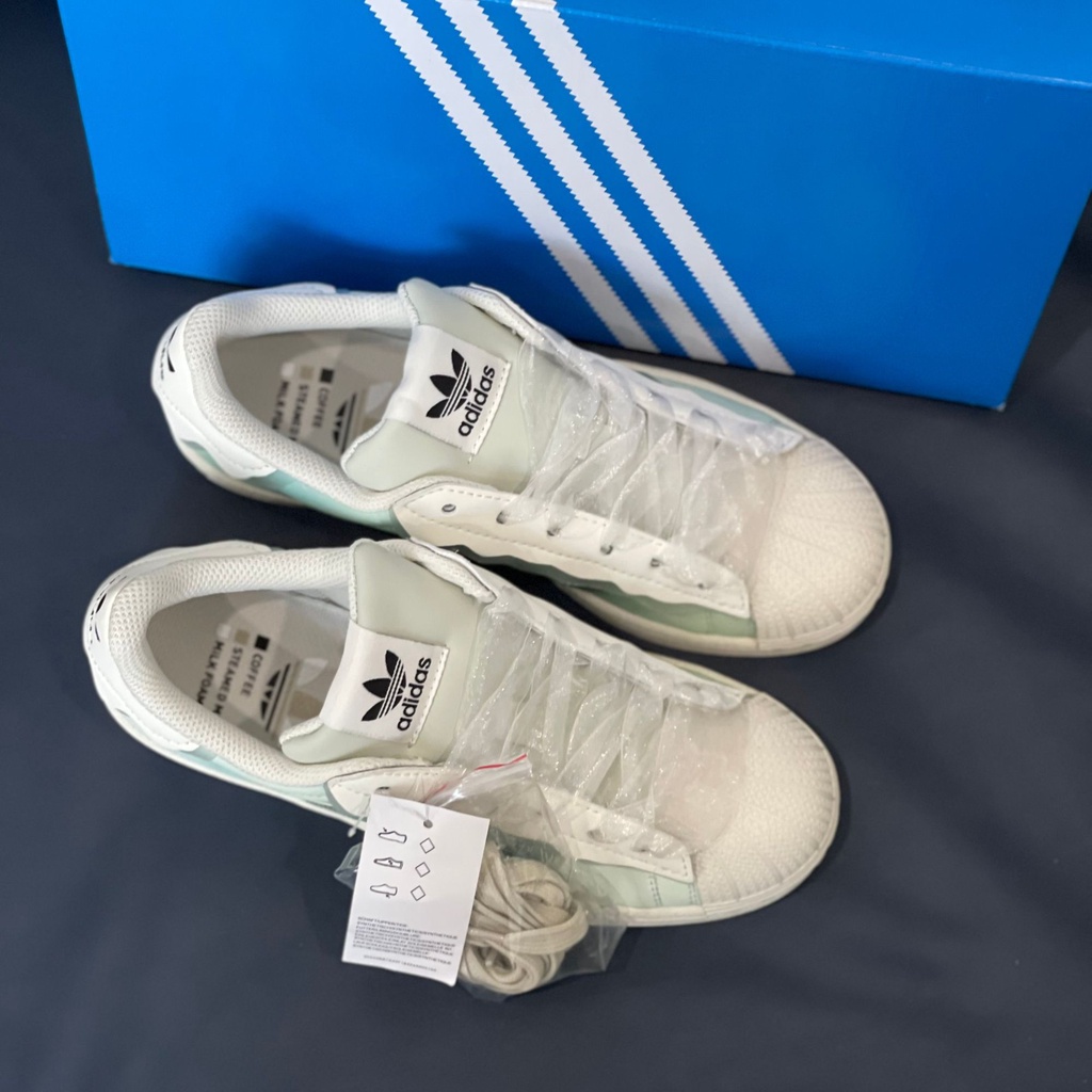 Giày adidas nữ superstar mũi sò, giày thể thao nữ superstar 2 bộ dây màu xanh và hồng hot trend 2022 full phụ kiện.