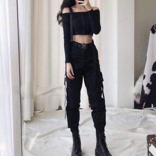 Set áo trễ vai và quần túi hộp kèm belt ulzzang