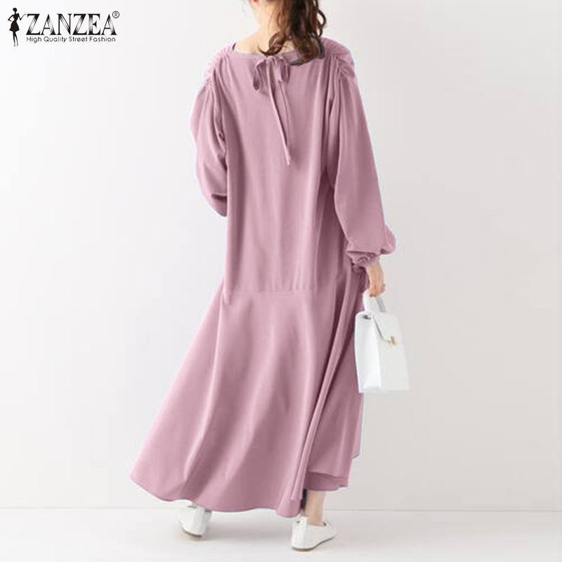 Đầm Maxi ZANZEA Cổ V Tay Phồng Màu Trơn Thời Trang Cho Nữ