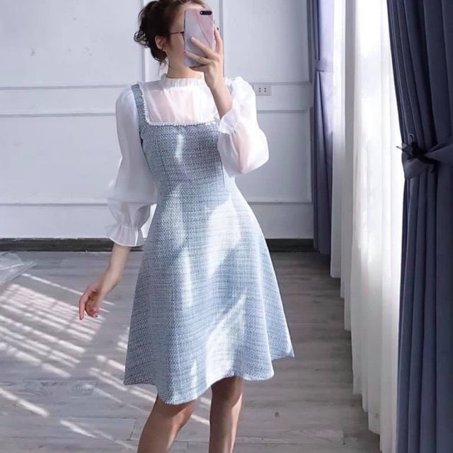 ĐẦM PHỐI CỔ TƠ TRẮNG ĐÍNH VIỀN HẠT