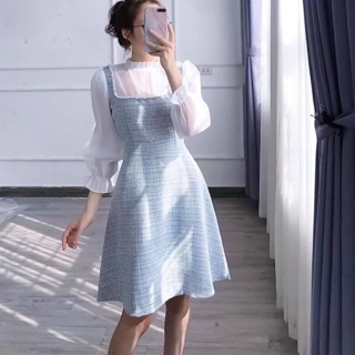 Đầm phối cổ tơ trắng đính viền hạt