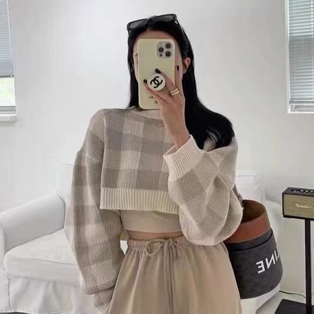 Áo lửng tay dài họa tiết caro thời trang quyến rũ cho nữ