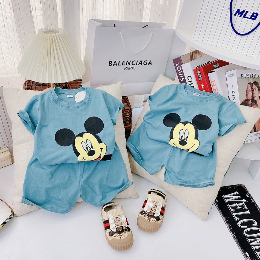 Bộ Quần Áo Cộc Tay MinkyMom Vải Cao Cấp In Hình Micky Trắng Xanh Cho Bé Từ 8-20kg Mac CT07