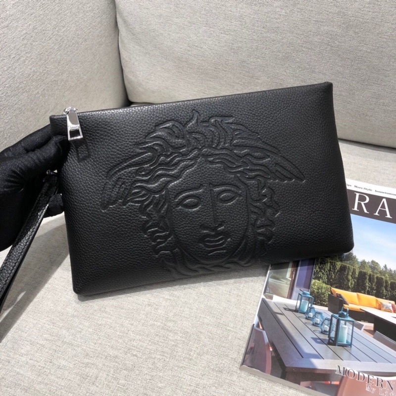 Cultch nam da thật cao cấp màu đen trơn thương hiệu Versace