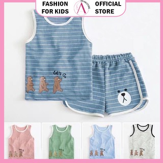 Bộ Ba Lỗ Sát Nách Cho Bé Trai Và Bé Gái Kẻ Hình Gấu Vải Đũi Từ 7Kg Đến 28Kg ANAN STORE QATE S18