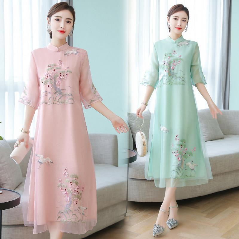 Embroidered dress female summer new style ethnic style improved cheongsam dress temperament retro mid-length skirt