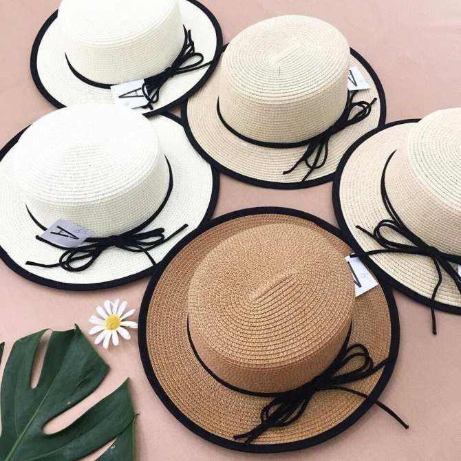 Nón Cói Vintage Viền Đen Thắt Nơ Vuông Kiểu Dáng Mũ Cói Boater Tiểu Thư Tặng Kèm Hộp Giữ Form Nón