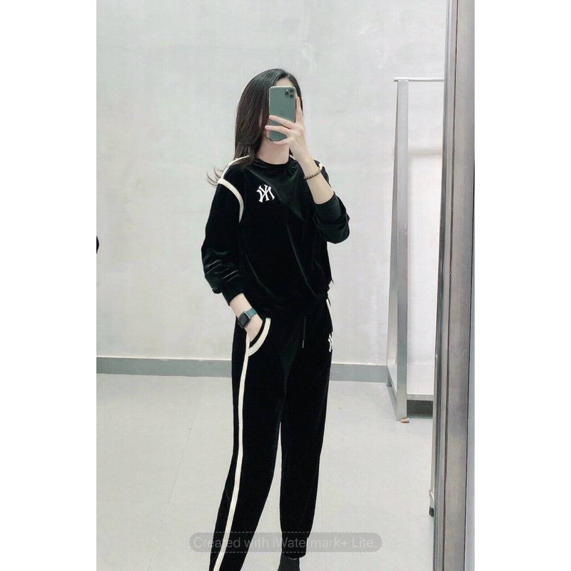 S6311 Set Nhung Thể Thao NY Phối Áo Dài Tay Cổ Tròn Và Quần Tập Bo Gấu Chất Dãn Nhẹ Mặc Thoải Mái