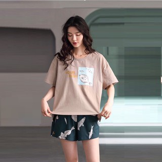 Đồ bộ mặc nhà nữ mùa hè thun cotton áo ghi xám Your fish