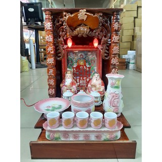 Combo Bàn Thờ Thần Tài Ông Địa gỗ Công Nghiệp nâu trụ ngang 35 cao 50 Combo 9 Món - Đồ Thờ Thắng Duyên Đại Phát