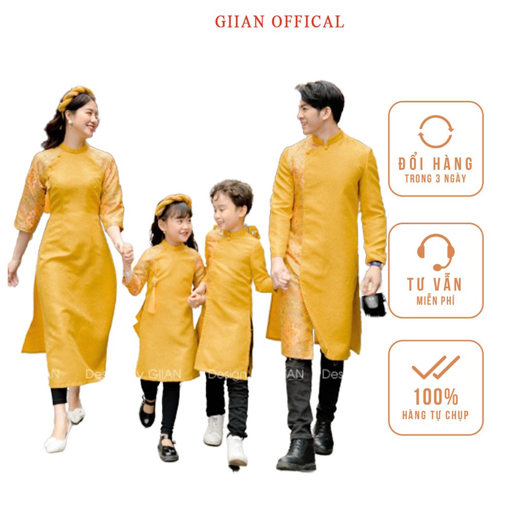 Áo dài cách tân gấm hoa gia đình thiết kế chính hãng thiết kế chính hãng GIIAN, Áo dài mặc tết cao cấp - AD218