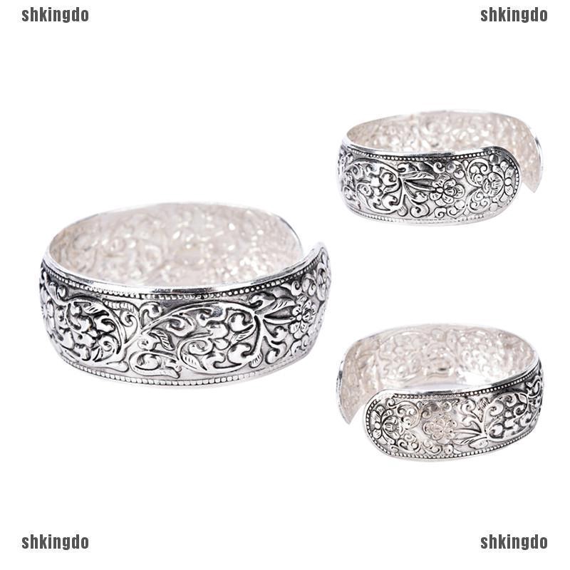 Vòng Tay Mạ Bạc Khắc Họa Tiết Hoa May Mắn Phong Cách Tây Tạng