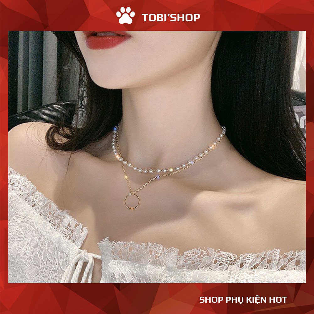 Dây chuyền nữ TOBI STORE chocker vòng cổ đính hạt trai nhân tạo lấp lánh mặt nhẫn tròn TB122