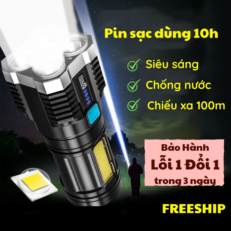 Đèn Pin Siêu Sáng, Đèn Cầm Tay 4 Chế Độ Sáng Cao Cấp KHO GIA DỤNG TRẦN PHÚ