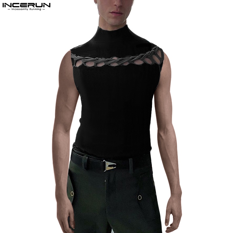 Áo sát nách INCERUN màu đen thiết kế thắt dây độc đáo thời trang cá tính cho nam