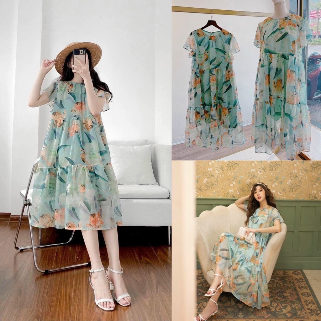 Đầm voan tơ hoa xoè - váy hoa tay cánh tiên cánh tiên siêu xinh form suông dễ mặc