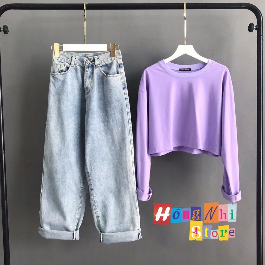 Áo Croptop Trơn Tay Dài Dáng Rộng Màu Tím Long Tee Ulzzang - MM